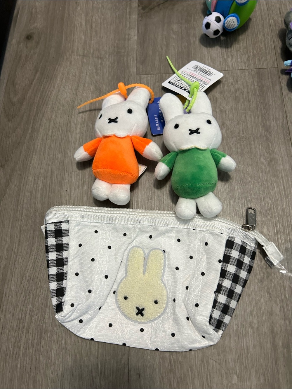 Miffy Plush Keychains with Polka Dot Bunny Pouch - Orange & Green, small bag